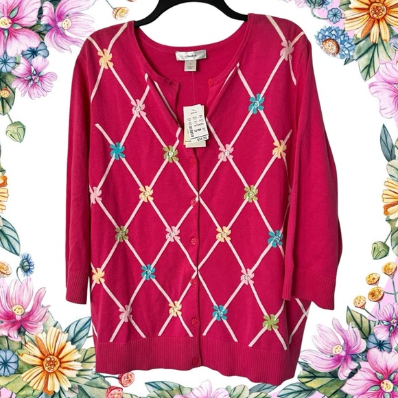 CJ Banks Pink Spring Cardigan Size 1X Argyle Diamond Easter Sweater Whimsy NEW - Picture 10 of 11